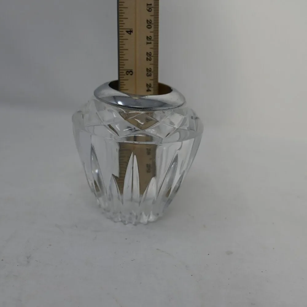 Vintage Cut Crystal Bud Vase Chrome Rim Heavy Glass 4